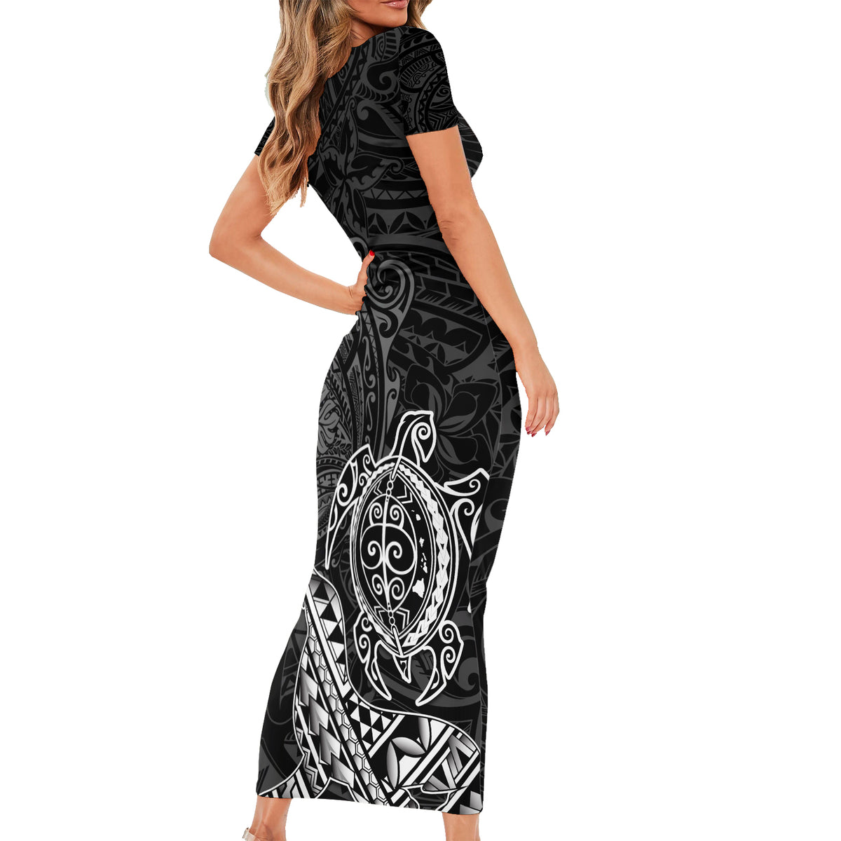 Hawaii Monk Seal and Dolphin Short Sleeve Bodycon Dress Polynesian Kakau Pattern Black White Color