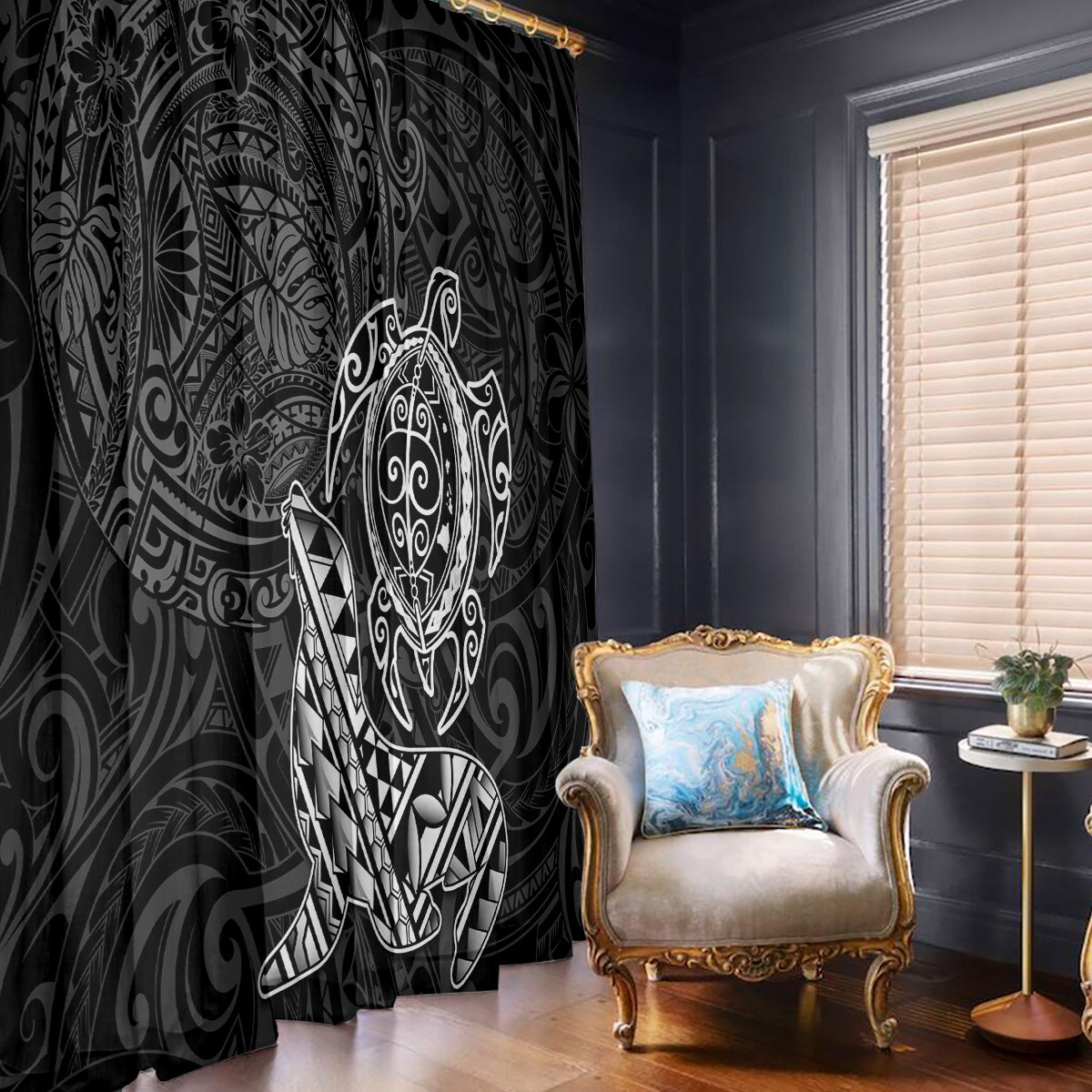 Hawaii Monk Seal and Dolphin Window Curtain Polynesian Kakau Pattern Black White Color
