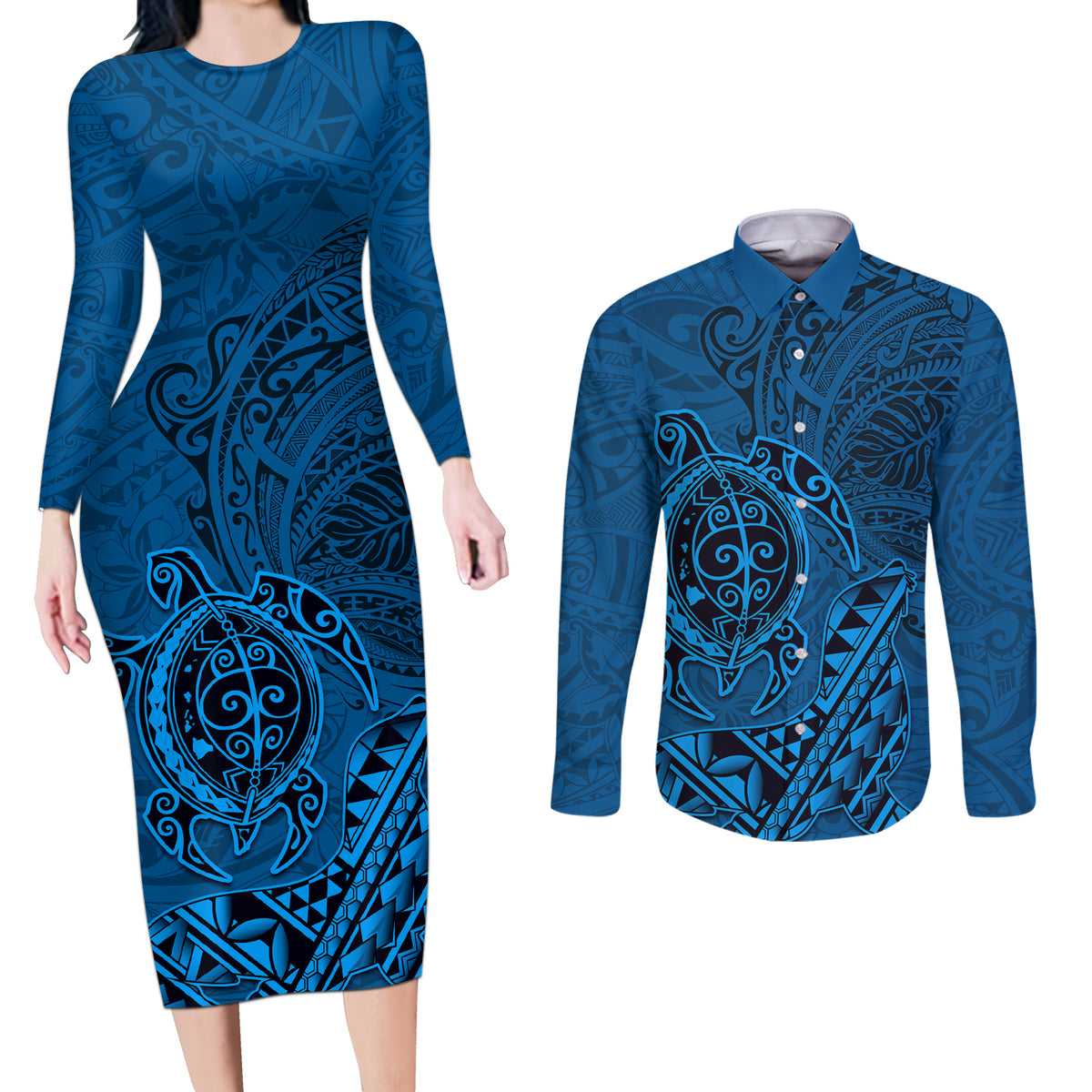 Hawaii Monk Seal and Dolphin Couples Matching Long Sleeve Bodycon Dress and Long Sleeve Button Shirt Polynesian Kakau Pattern Blue