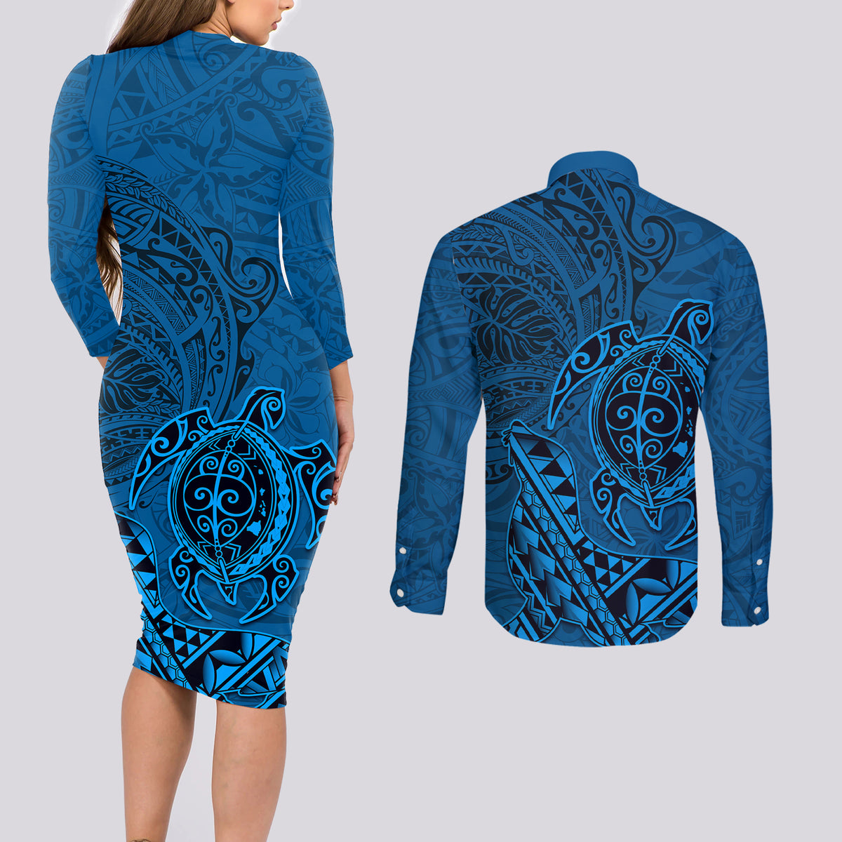 Hawaii Monk Seal and Dolphin Couples Matching Long Sleeve Bodycon Dress and Long Sleeve Button Shirt Polynesian Kakau Pattern Blue
