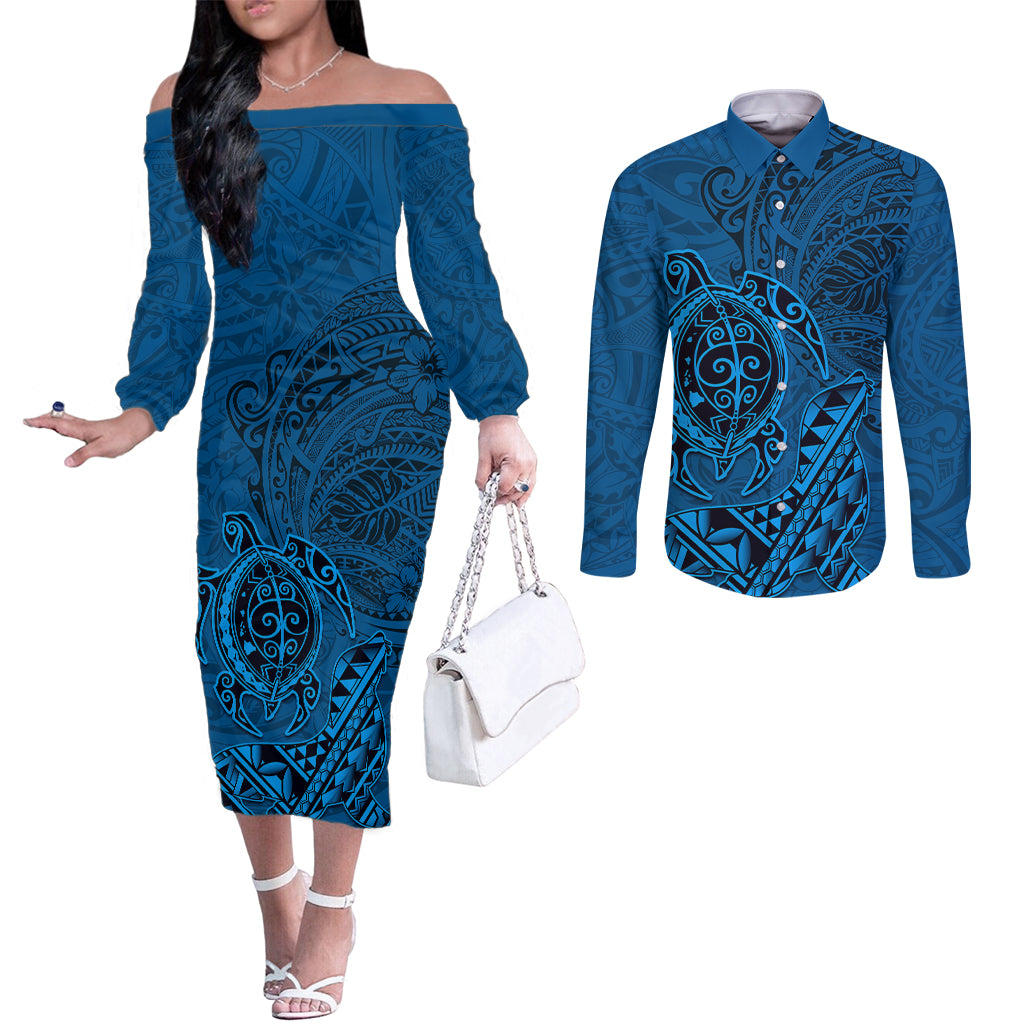 Hawaii Monk Seal and Dolphin Couples Matching Off The Shoulder Long Sleeve Dress and Long Sleeve Button Shirt Polynesian Kakau Pattern Blue