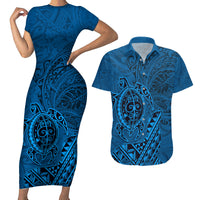 Hawaii Monk Seal and Dolphin Couples Matching Short Sleeve Bodycon Dress and Hawaiian Shirt Polynesian Kakau Pattern Blue LT03 Blue - Polynesian Pride