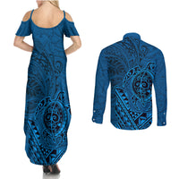 Hawaii Monk Seal and Dolphin Couples Matching Summer Maxi Dress and Long Sleeve Button Shirt Polynesian Kakau Pattern Blue