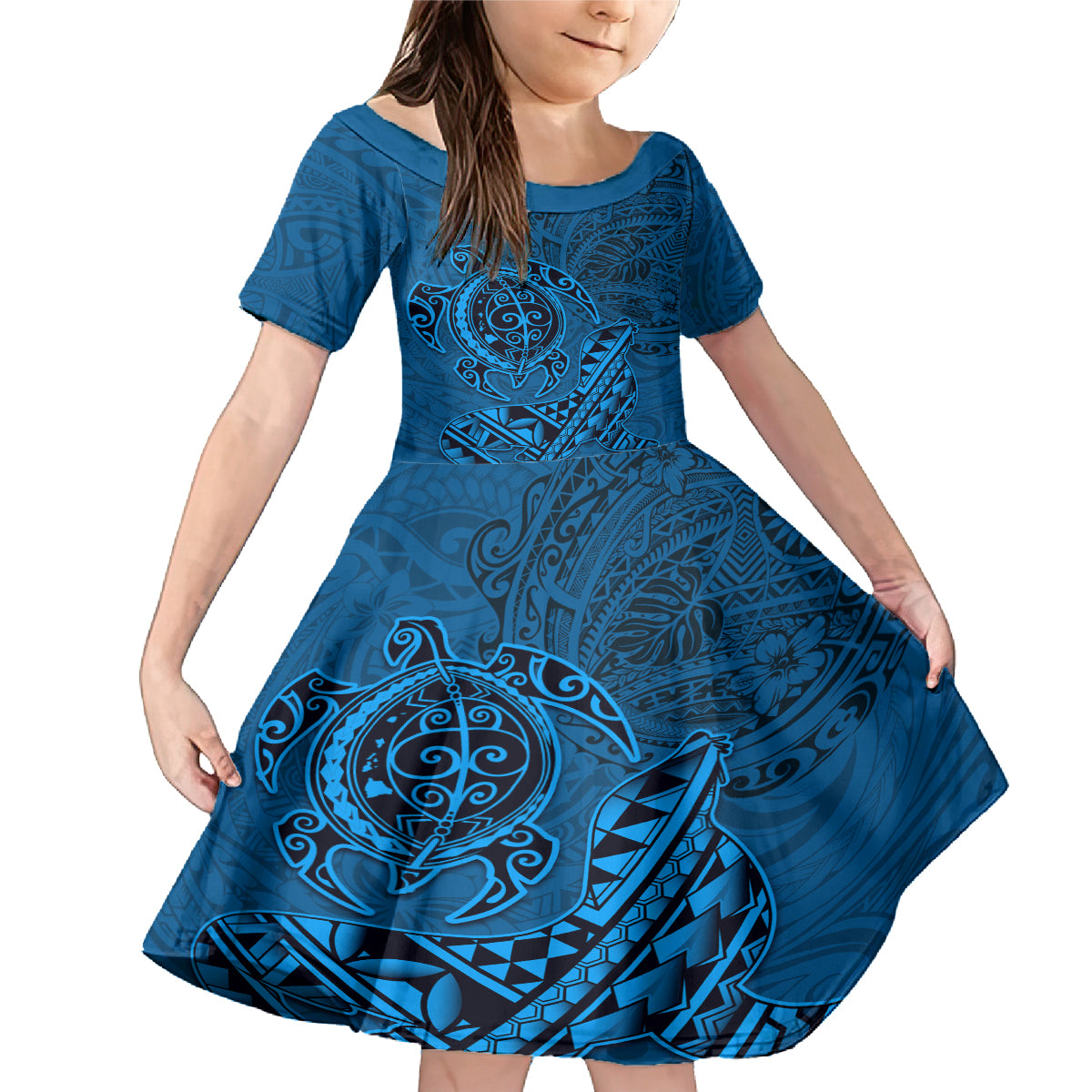 Hawaii Monk Seal and Dolphin Family Matching Mermaid Dress and Hawaiian Shirt Polynesian Kakau Pattern Blue LT03 Daughter's Dress Blue - Polynesian Pride