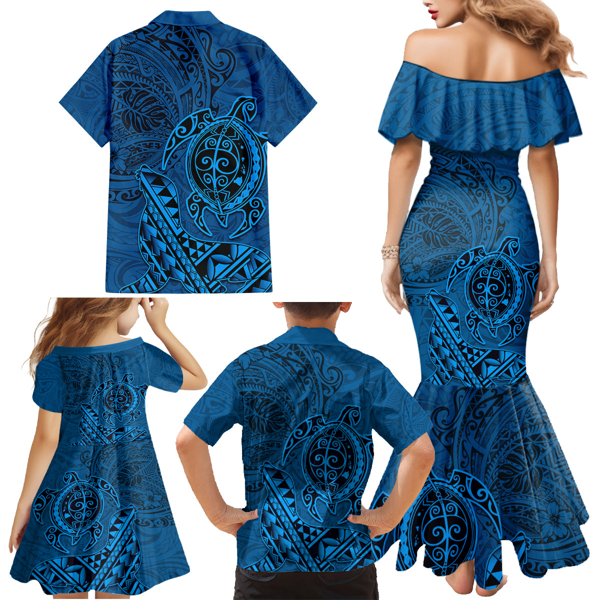 Hawaii Monk Seal and Dolphin Family Matching Mermaid Dress and Hawaiian Shirt Polynesian Kakau Pattern Blue LT03 - Polynesian Pride