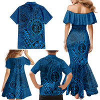 Hawaii Monk Seal and Dolphin Family Matching Mermaid Dress and Hawaiian Shirt Polynesian Kakau Pattern Blue LT03 - Polynesian Pride