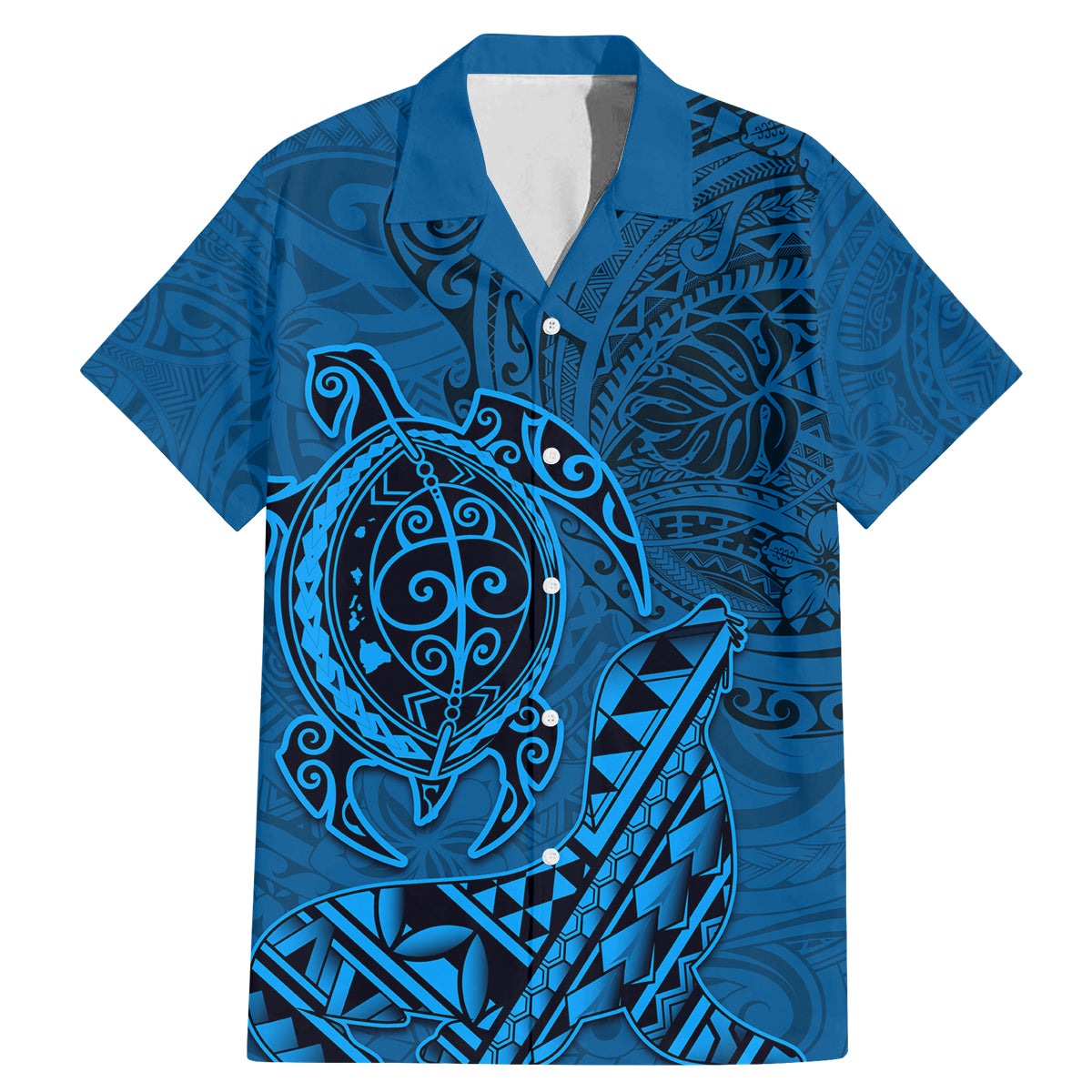 Hawaii Monk Seal and Dolphin Family Matching Mermaid Dress and Hawaiian Shirt Polynesian Kakau Pattern Blue LT03 Dad's Shirt - Short Sleeve Blue - Polynesian Pride