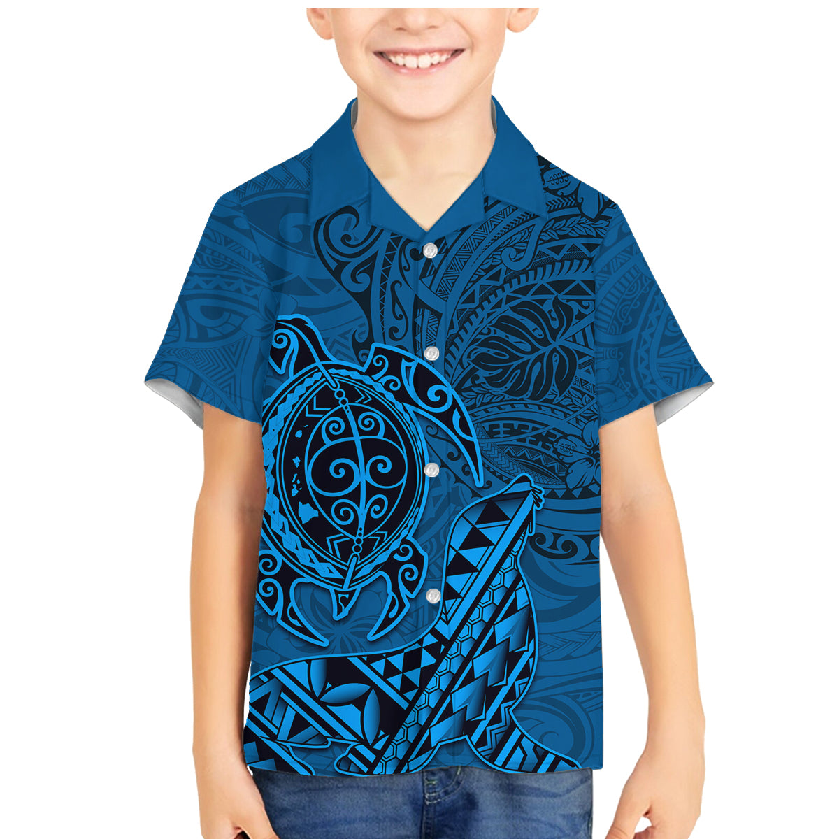Hawaii Monk Seal and Dolphin Family Matching Mermaid Dress and Hawaiian Shirt Polynesian Kakau Pattern Blue LT03 Son's Shirt Blue - Polynesian Pride