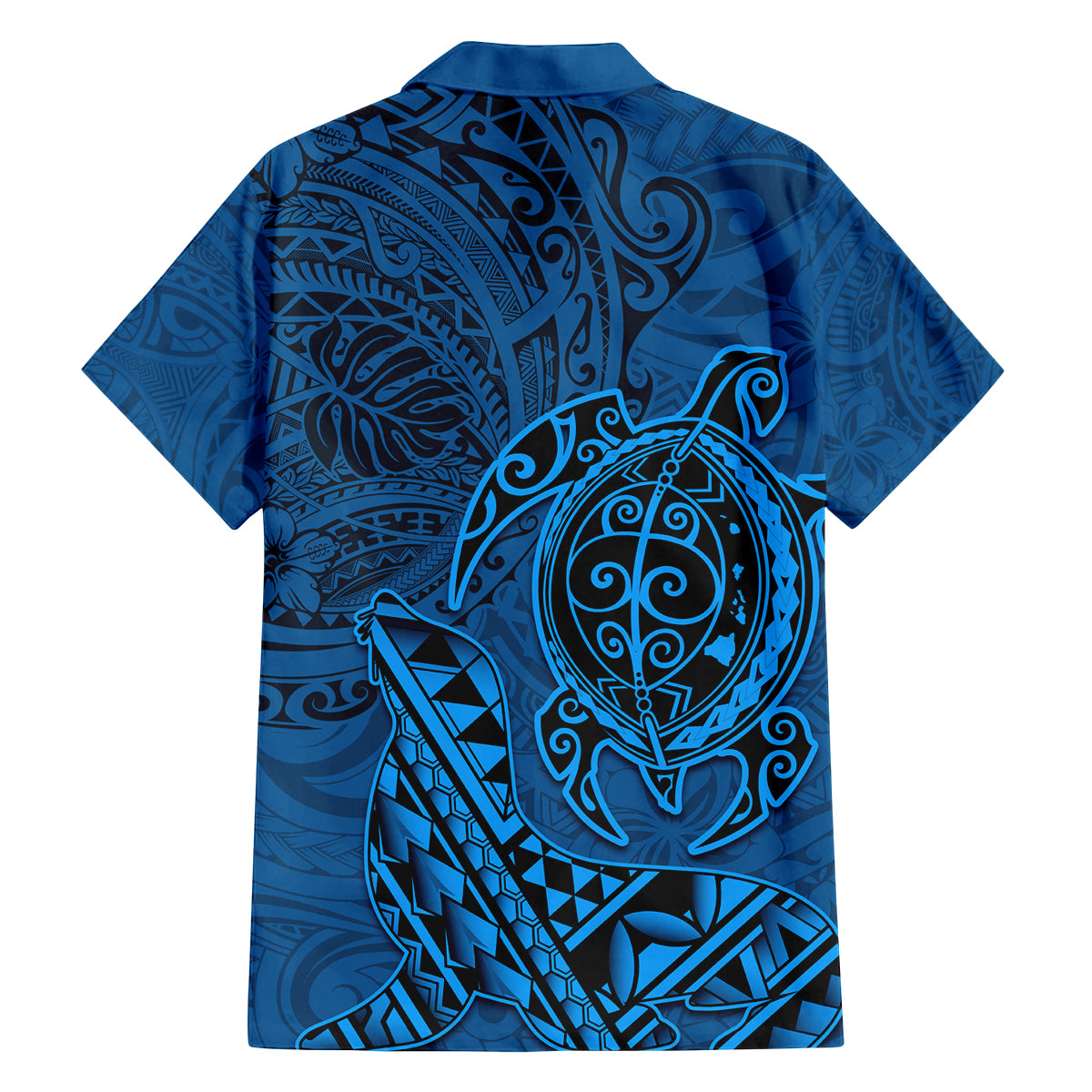 Hawaii Monk Seal and Dolphin Family Matching Off The Shoulder Long Sleeve Dress and Hawaiian Shirt Polynesian Kakau Pattern Blue