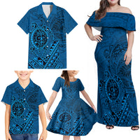 Hawaii Monk Seal and Dolphin Family Matching Off Shoulder Maxi Dress and Hawaiian Shirt Polynesian Kakau Pattern Blue LT03 - Polynesian Pride