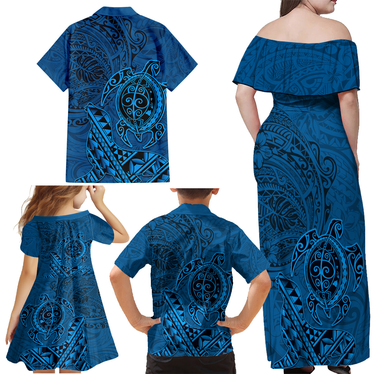 Hawaii Monk Seal and Dolphin Family Matching Off Shoulder Maxi Dress and Hawaiian Shirt Polynesian Kakau Pattern Blue LT03 - Polynesian Pride