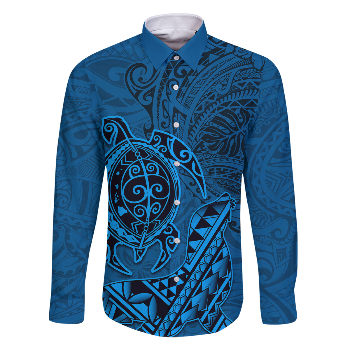 Hawaii Monk Seal and Dolphin Family Matching Off Shoulder Maxi Dress and Hawaiian Shirt Polynesian Kakau Pattern Blue LT03 Dad's Shirt - Long Sleeve Blue - Polynesian Pride