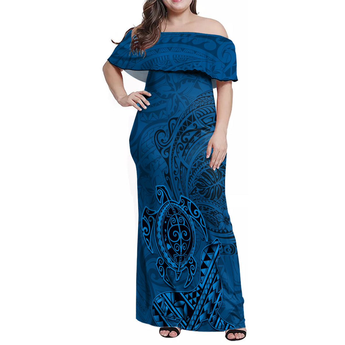 Hawaii Monk Seal and Dolphin Family Matching Off Shoulder Maxi Dress and Hawaiian Shirt Polynesian Kakau Pattern Blue LT03 Mom's Dress Blue - Polynesian Pride