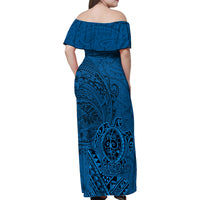 Hawaii Monk Seal and Dolphin Family Matching Off Shoulder Maxi Dress and Hawaiian Shirt Polynesian Kakau Pattern Blue LT03 - Polynesian Pride