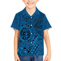 Hawaii Monk Seal and Dolphin Family Matching Off Shoulder Maxi Dress and Hawaiian Shirt Polynesian Kakau Pattern Blue LT03 Son's Shirt Blue - Polynesian Pride
