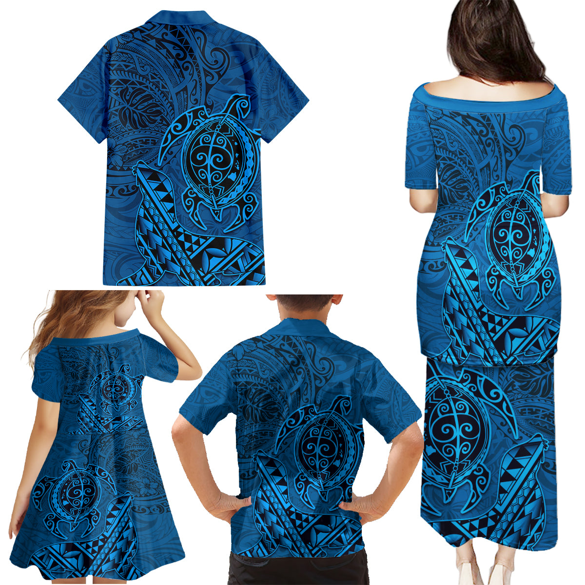 Hawaii Monk Seal and Dolphin Family Matching Puletasi and Hawaiian Shirt Polynesian Kakau Pattern Blue LT03 - Polynesian Pride