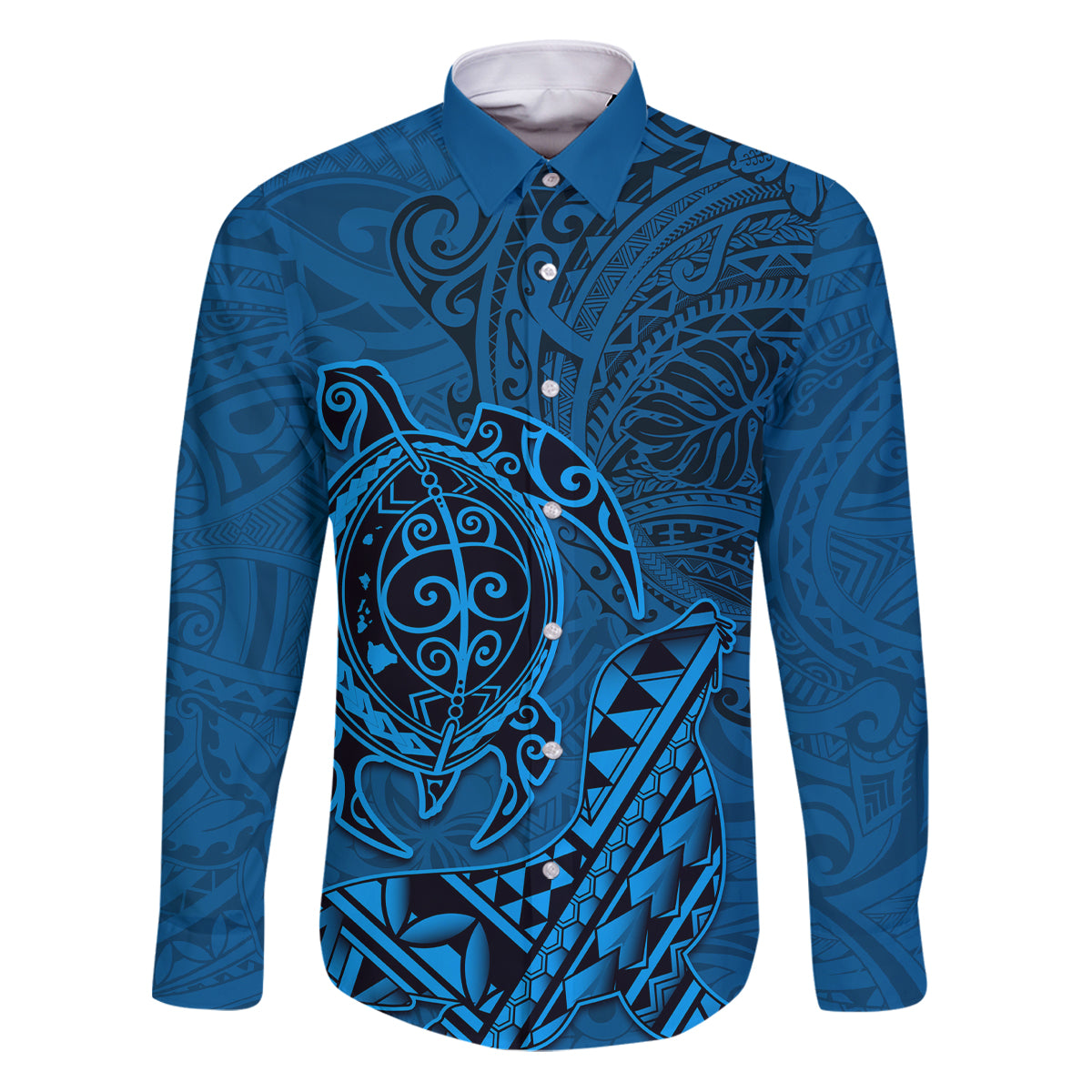 Hawaii Monk Seal and Dolphin Family Matching Puletasi and Hawaiian Shirt Polynesian Kakau Pattern Blue LT03 Dad's Shirt - Long Sleeve Blue - Polynesian Pride