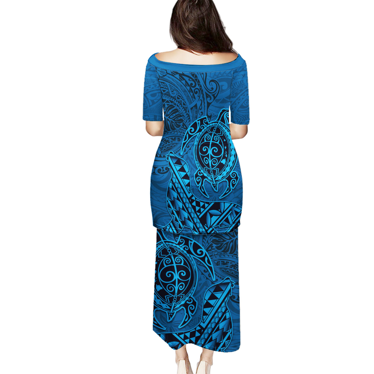 Hawaii Monk Seal and Dolphin Family Matching Puletasi and Hawaiian Shirt Polynesian Kakau Pattern Blue LT03 - Polynesian Pride