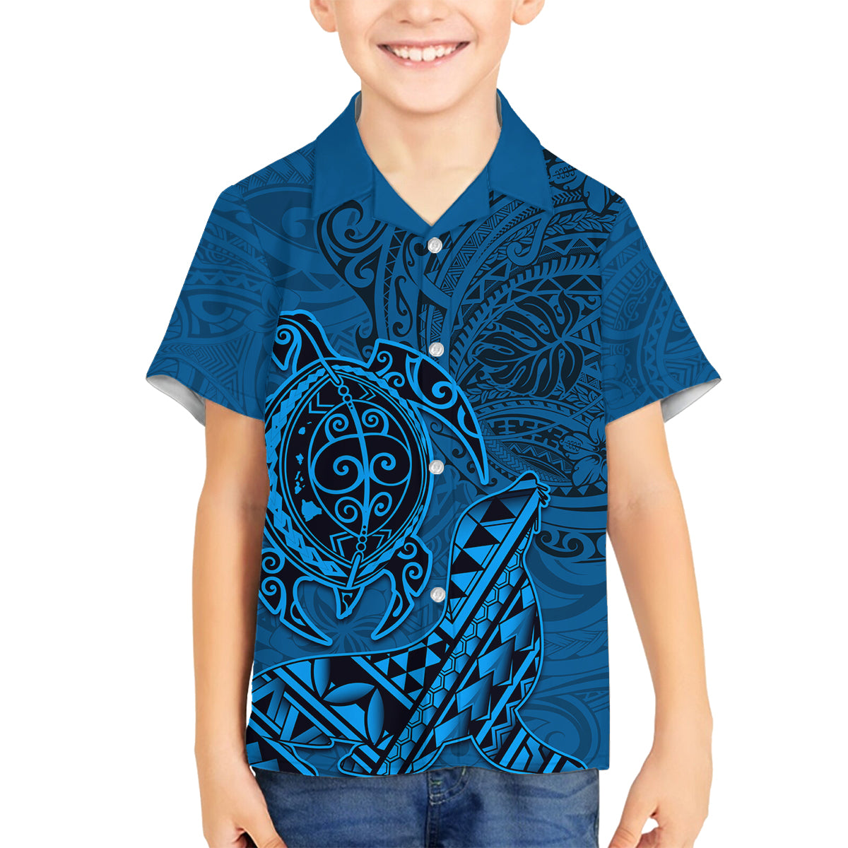 Hawaii Monk Seal and Dolphin Family Matching Puletasi and Hawaiian Shirt Polynesian Kakau Pattern Blue LT03 Son's Shirt Blue - Polynesian Pride