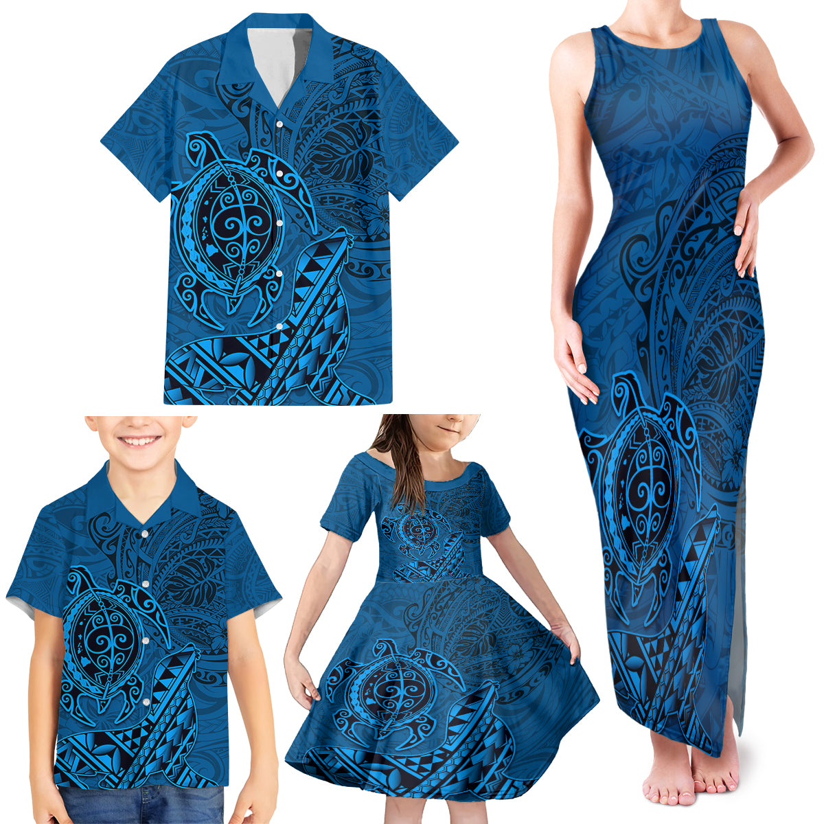 Hawaii Monk Seal and Dolphin Family Matching Tank Maxi Dress and Hawaiian Shirt Polynesian Kakau Pattern Blue
