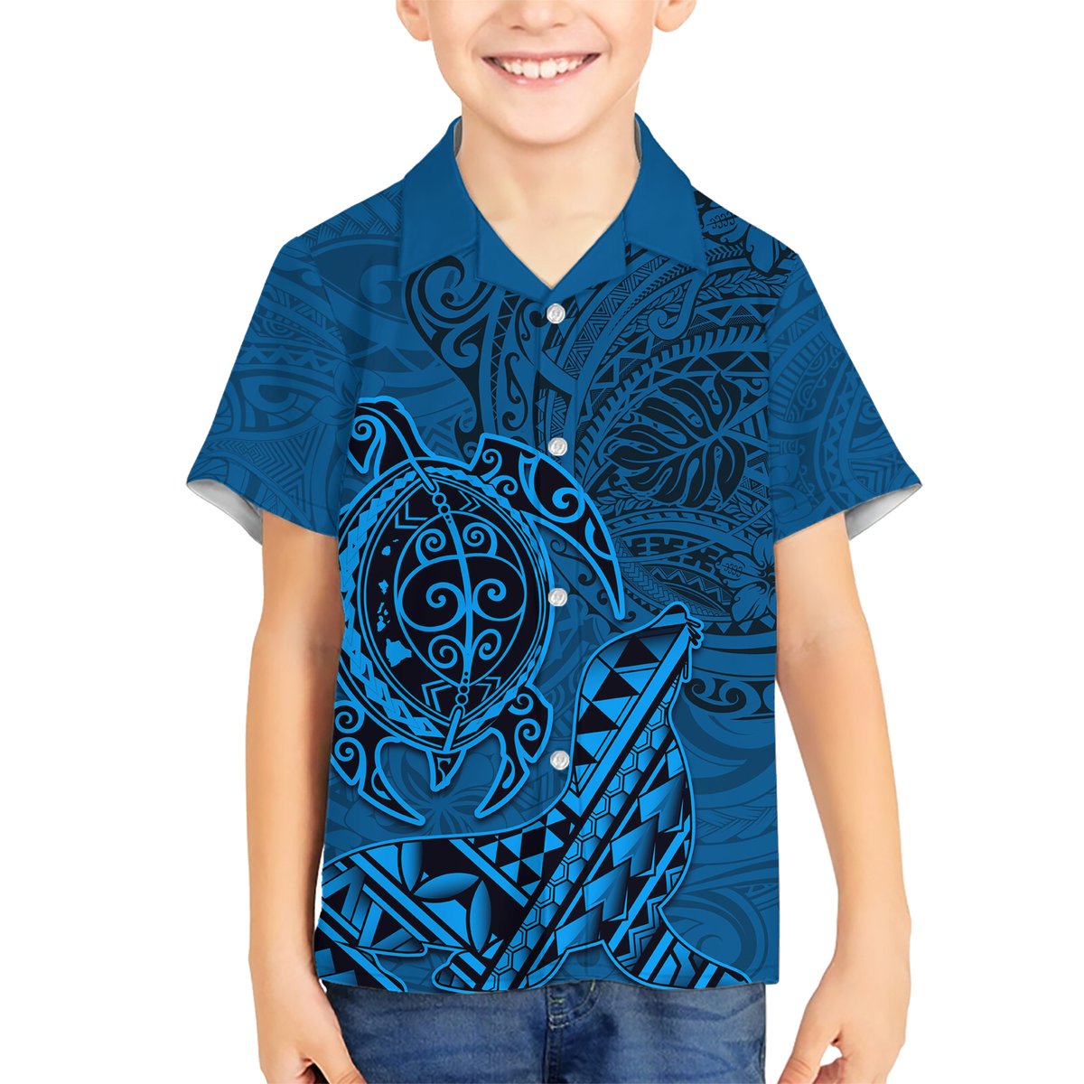 Hawaii Monk Seal and Dolphin Hawaiian Shirt Polynesian Kakau Pattern Blue