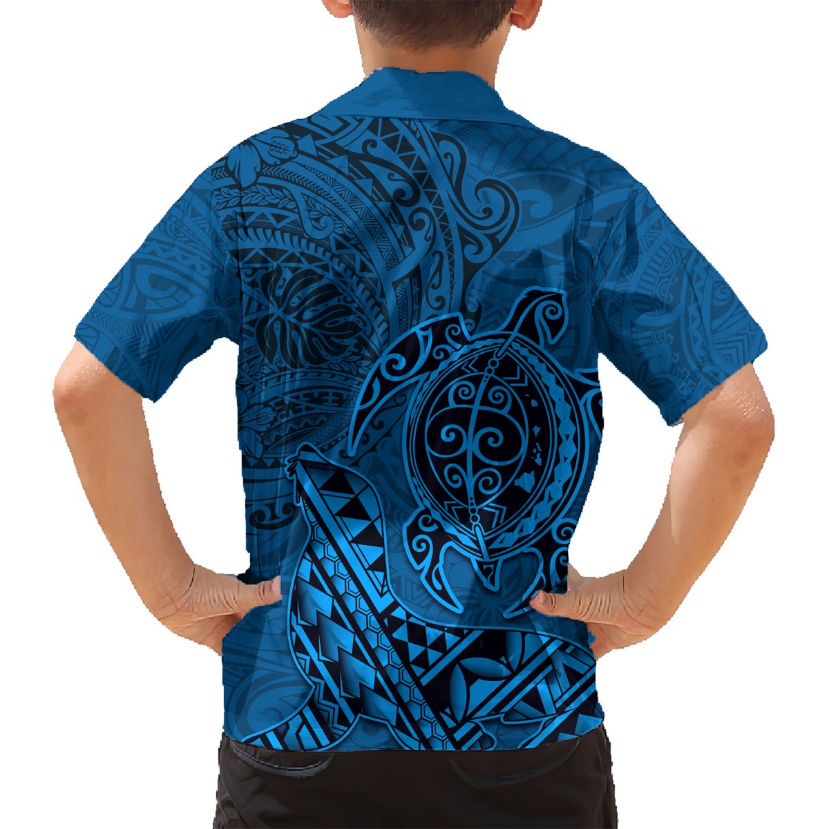 Hawaii Monk Seal and Dolphin Hawaiian Shirt Polynesian Kakau Pattern Blue