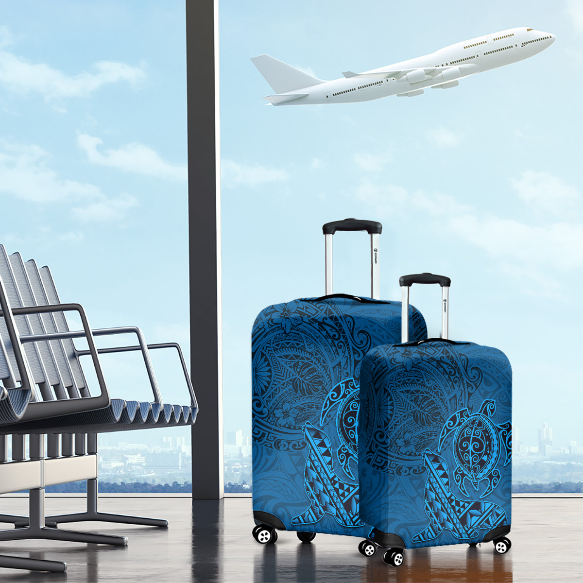 Hawaii Monk Seal and Dolphin Luggage Cover Polynesian Kakau Pattern Blue