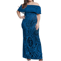 Hawaii Monk Seal and Dolphin Off Shoulder Maxi Dress Polynesian Kakau Pattern Blue LT03 Women Blue - Polynesian Pride