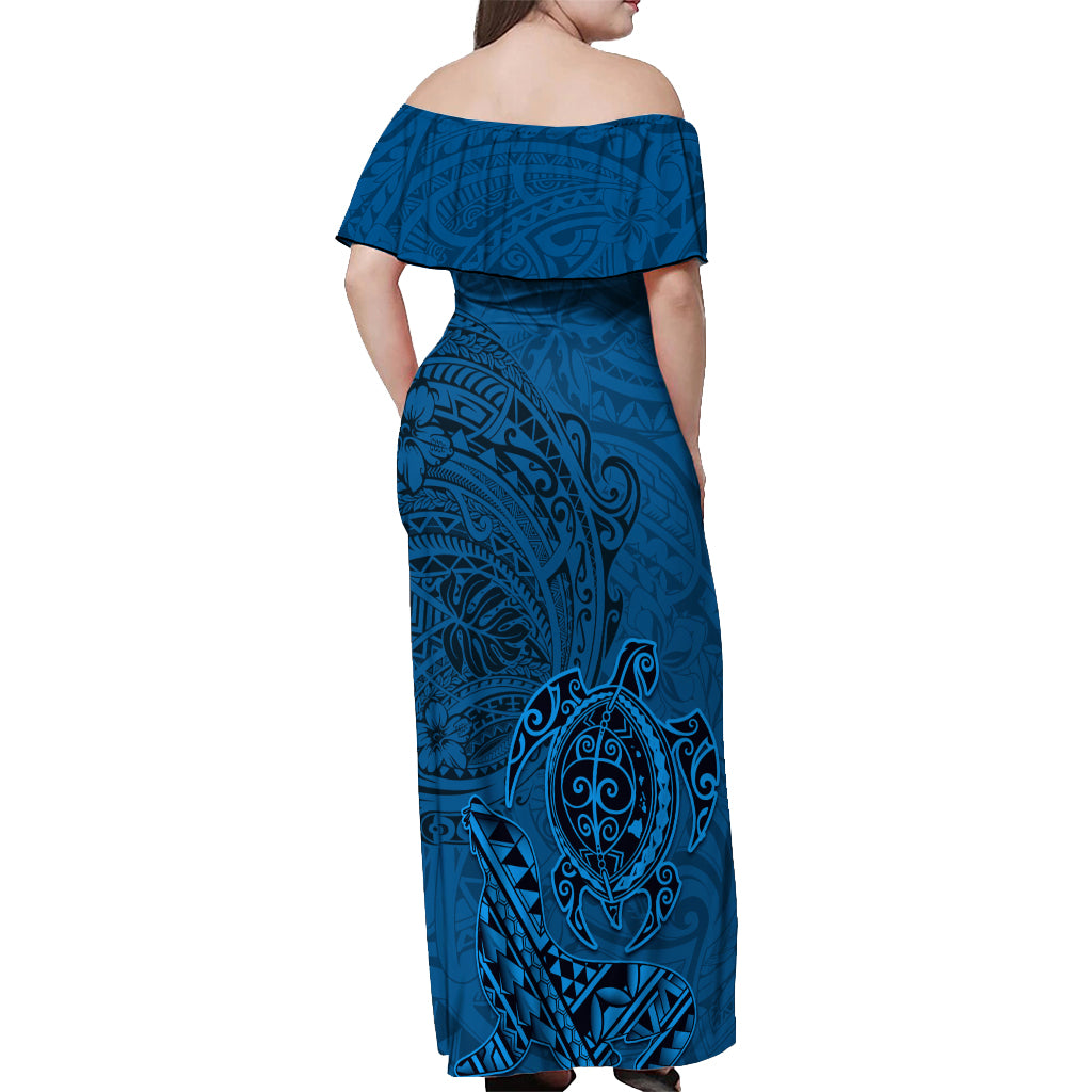 Hawaii Monk Seal and Dolphin Off Shoulder Maxi Dress Polynesian Kakau Pattern Blue LT03 - Polynesian Pride