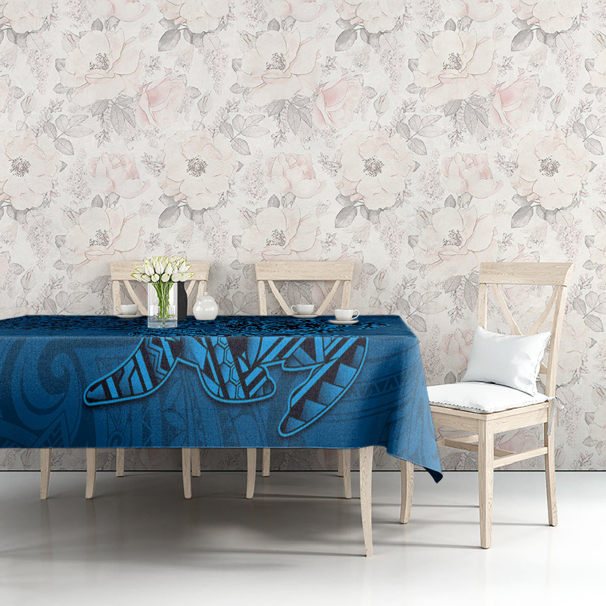 Hawaii Monk Seal and Dolphin Tablecloth Polynesian Kakau Pattern Blue
