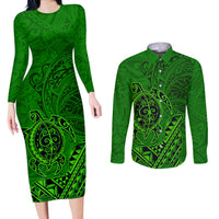 Hawaii Monk Seal and Dolphin Couples Matching Long Sleeve Bodycon Dress and Long Sleeve Button Shirt Polynesian Kakau Pattern Green