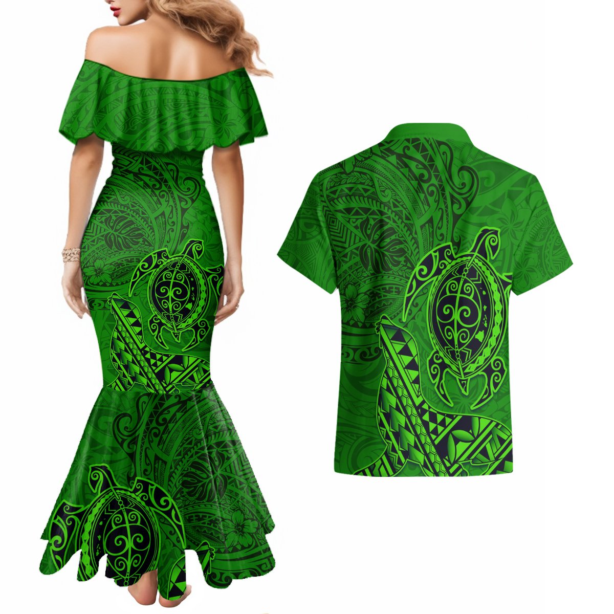 Hawaii Monk Seal and Dolphin Couples Matching Mermaid Dress and Hawaiian Shirt Polynesian Kakau Pattern Green LT03 - Polynesian Pride