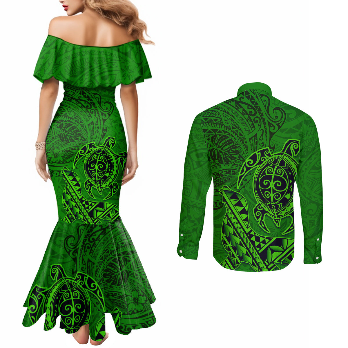 Hawaii Monk Seal and Dolphin Couples Matching Mermaid Dress and Long Sleeve Button Shirt Polynesian Kakau Pattern Green
