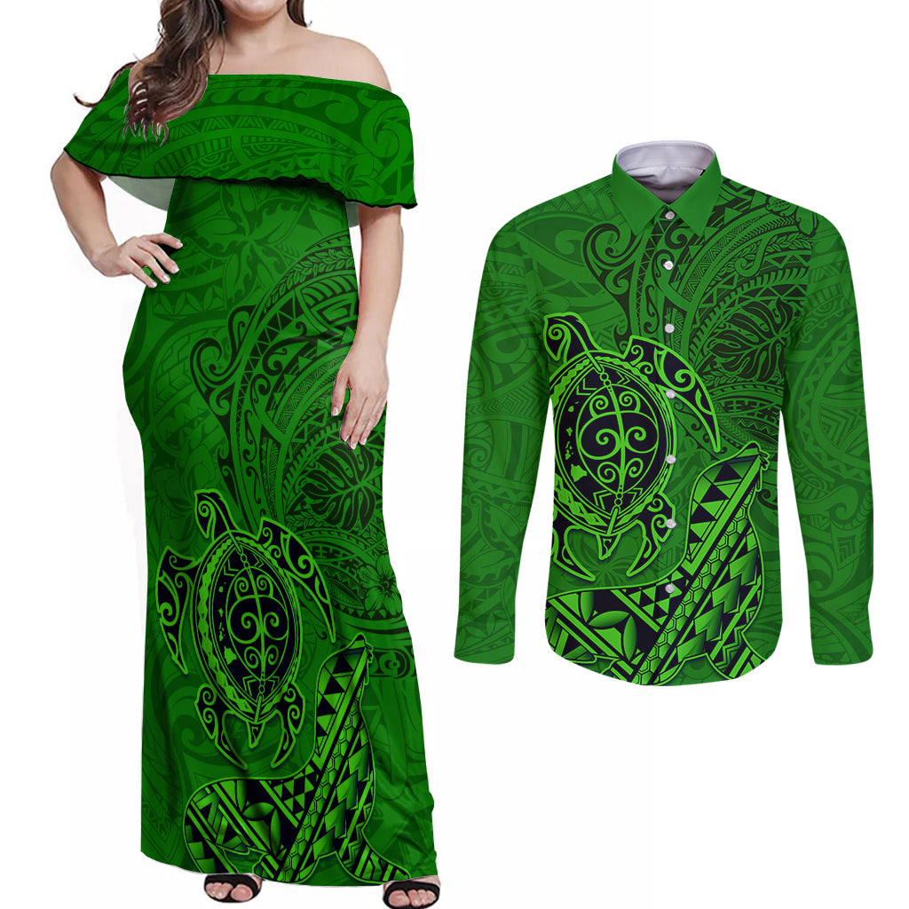 Hawaii Monk Seal and Dolphin Couples Matching Off Shoulder Maxi Dress and Long Sleeve Button Shirt Polynesian Kakau Pattern Green