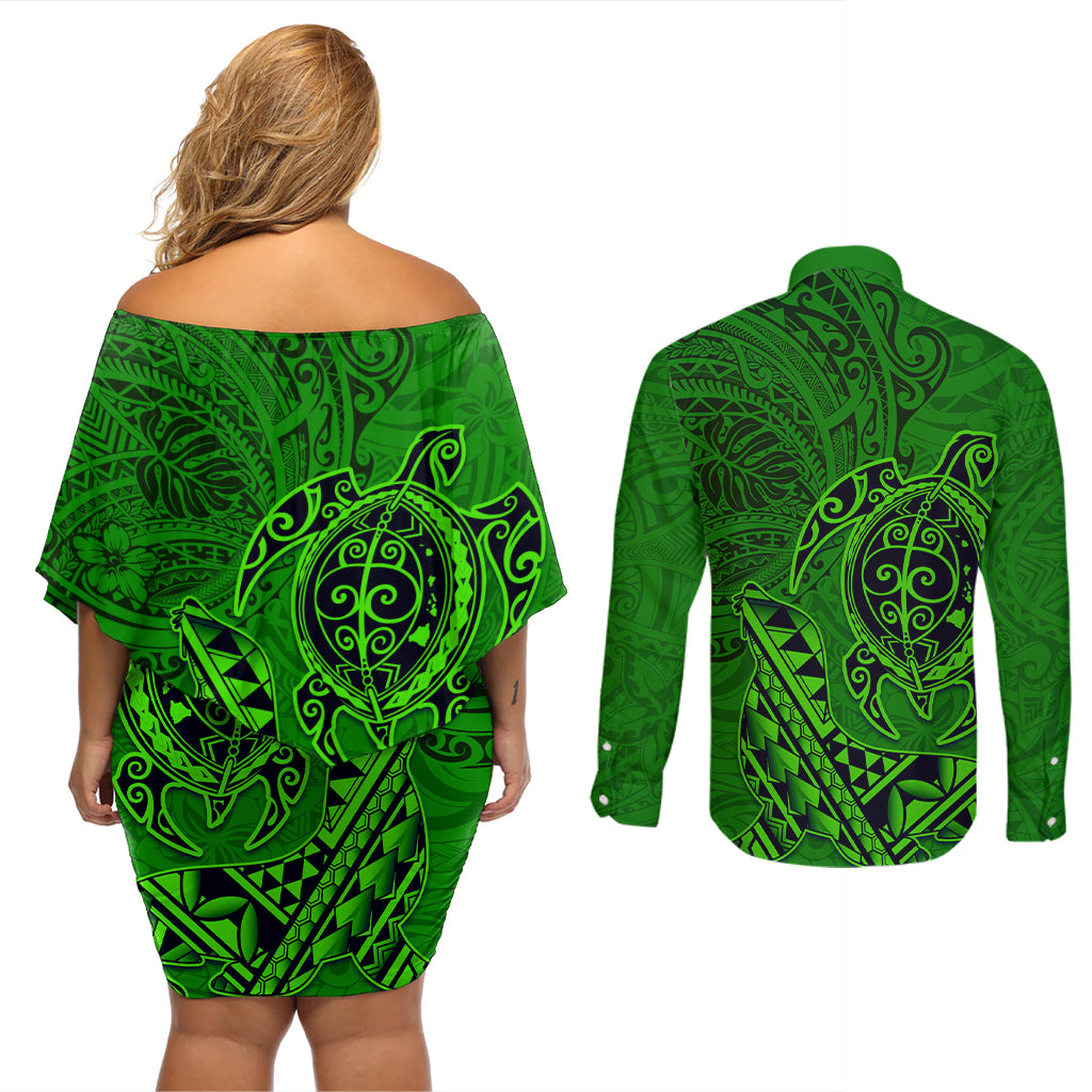Hawaii Monk Seal and Dolphin Couples Matching Off Shoulder Short Dress and Long Sleeve Button Shirt Polynesian Kakau Pattern Green