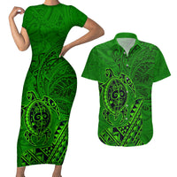 Hawaii Monk Seal and Dolphin Couples Matching Short Sleeve Bodycon Dress and Hawaiian Shirt Polynesian Kakau Pattern Green LT03 Green - Polynesian Pride
