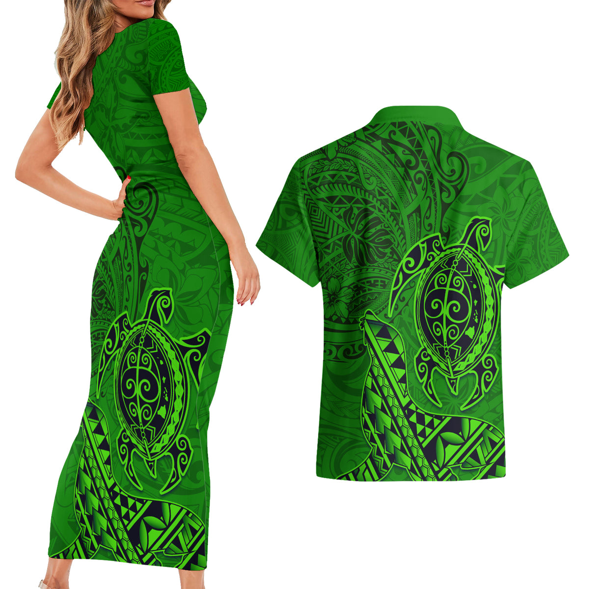 Hawaii Monk Seal and Dolphin Couples Matching Short Sleeve Bodycon Dress and Hawaiian Shirt Polynesian Kakau Pattern Green LT03 - Polynesian Pride