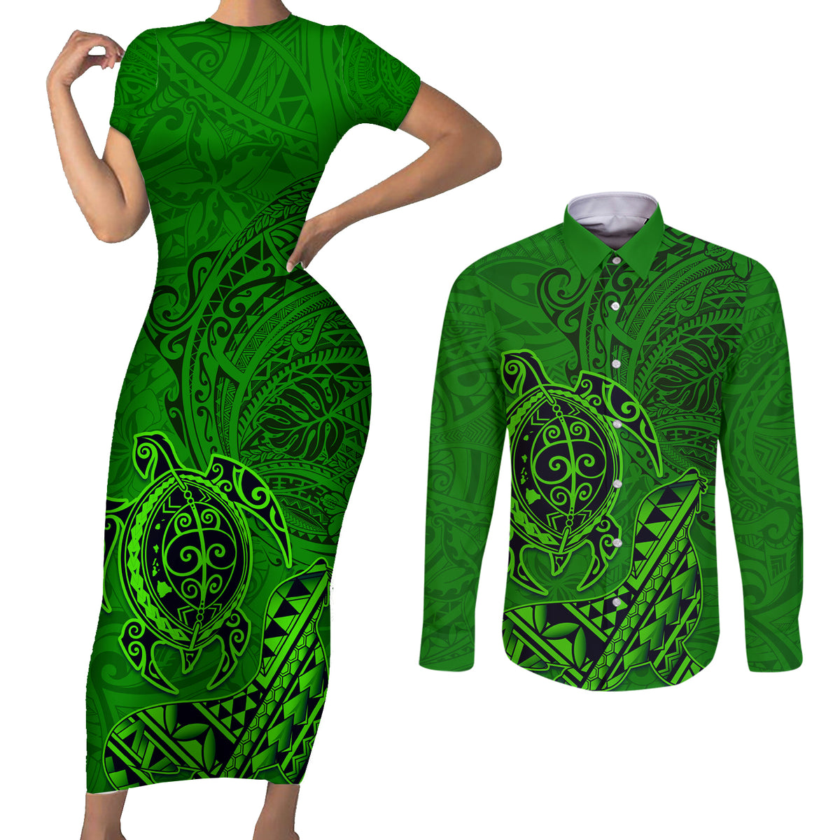 Hawaii Monk Seal and Dolphin Couples Matching Short Sleeve Bodycon Dress and Long Sleeve Button Shirt Polynesian Kakau Pattern Green
