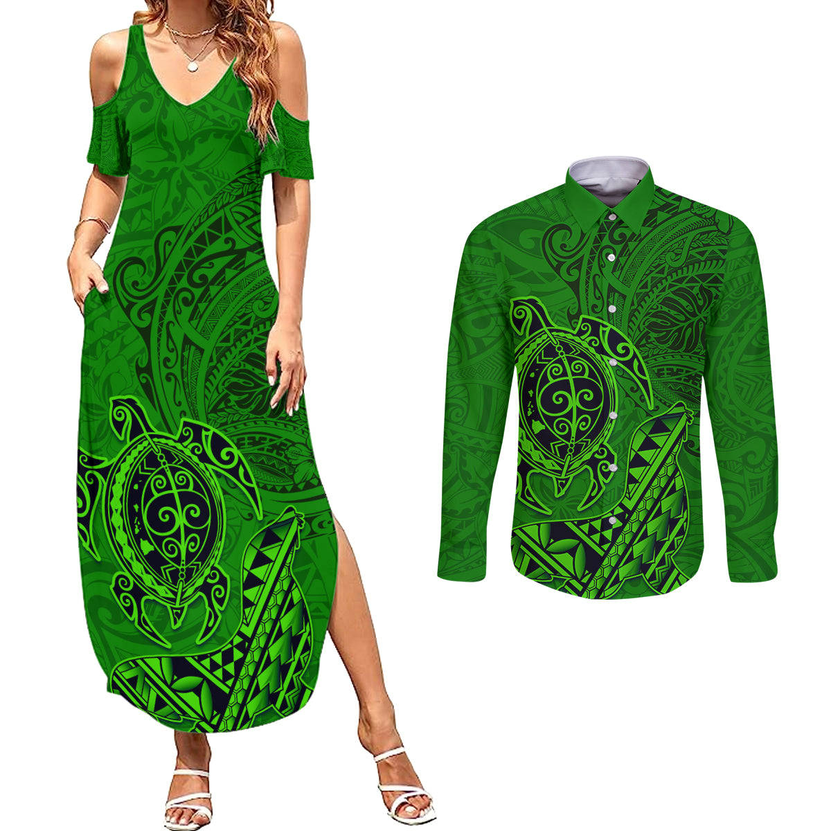 Hawaii Monk Seal and Dolphin Couples Matching Summer Maxi Dress and Long Sleeve Button Shirt Polynesian Kakau Pattern Green