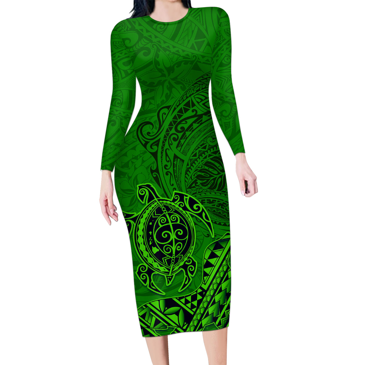 Hawaii Monk Seal and Dolphin Family Matching Long Sleeve Bodycon Dress and Hawaiian Shirt Polynesian Kakau Pattern Green