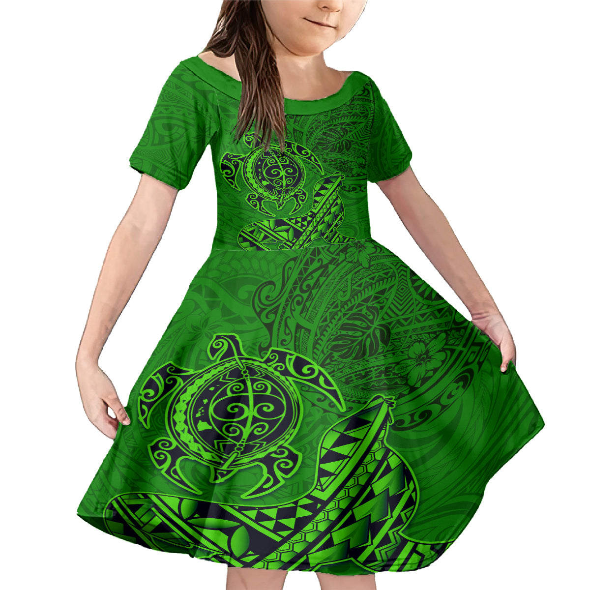 Hawaii Monk Seal and Dolphin Family Matching Mermaid Dress and Hawaiian Shirt Polynesian Kakau Pattern Green LT03 Daughter's Dress Green - Polynesian Pride