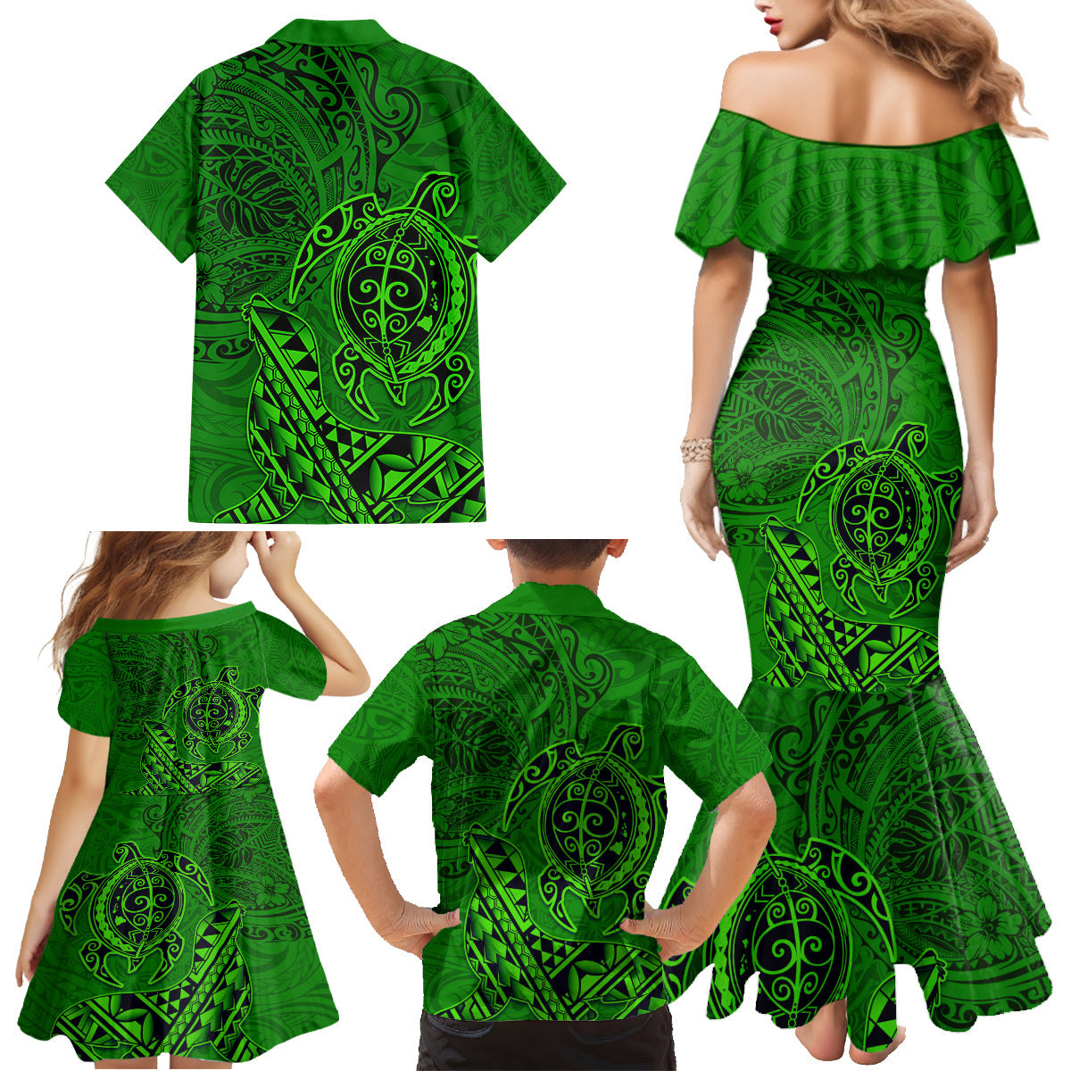Hawaii Monk Seal and Dolphin Family Matching Mermaid Dress and Hawaiian Shirt Polynesian Kakau Pattern Green LT03 - Polynesian Pride