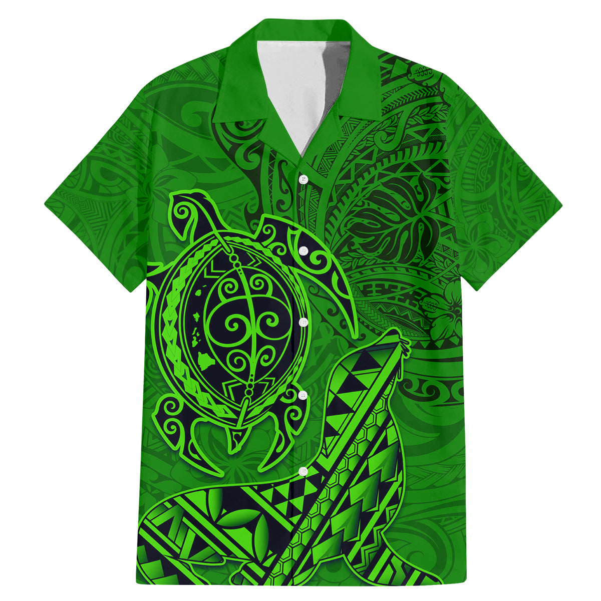 Hawaii Monk Seal and Dolphin Family Matching Mermaid Dress and Hawaiian Shirt Polynesian Kakau Pattern Green LT03 Dad's Shirt - Short Sleeve Green - Polynesian Pride