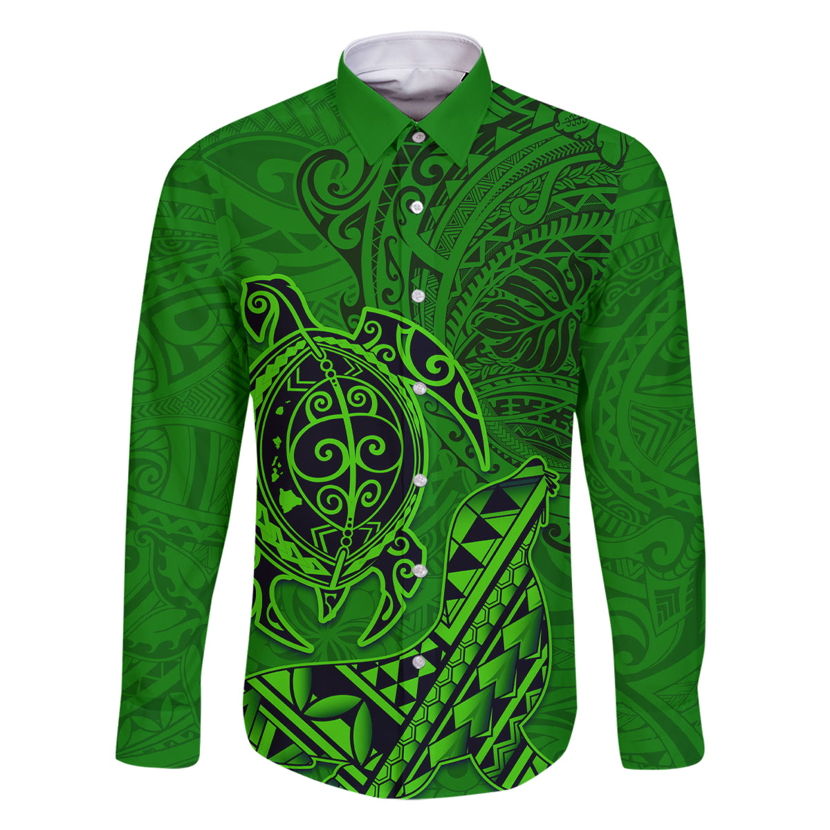 Hawaii Monk Seal and Dolphin Family Matching Mermaid Dress and Hawaiian Shirt Polynesian Kakau Pattern Green LT03 Dad's Shirt - Long Sleeve Green - Polynesian Pride