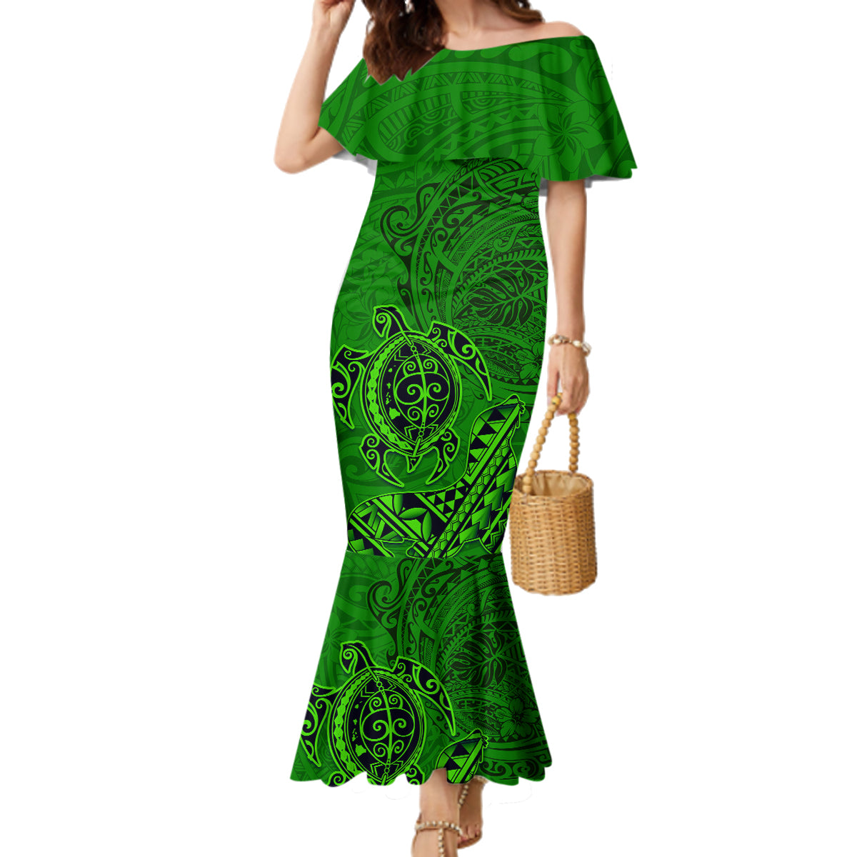 Hawaii Monk Seal and Dolphin Family Matching Mermaid Dress and Hawaiian Shirt Polynesian Kakau Pattern Green LT03 Mom's Dress Green - Polynesian Pride