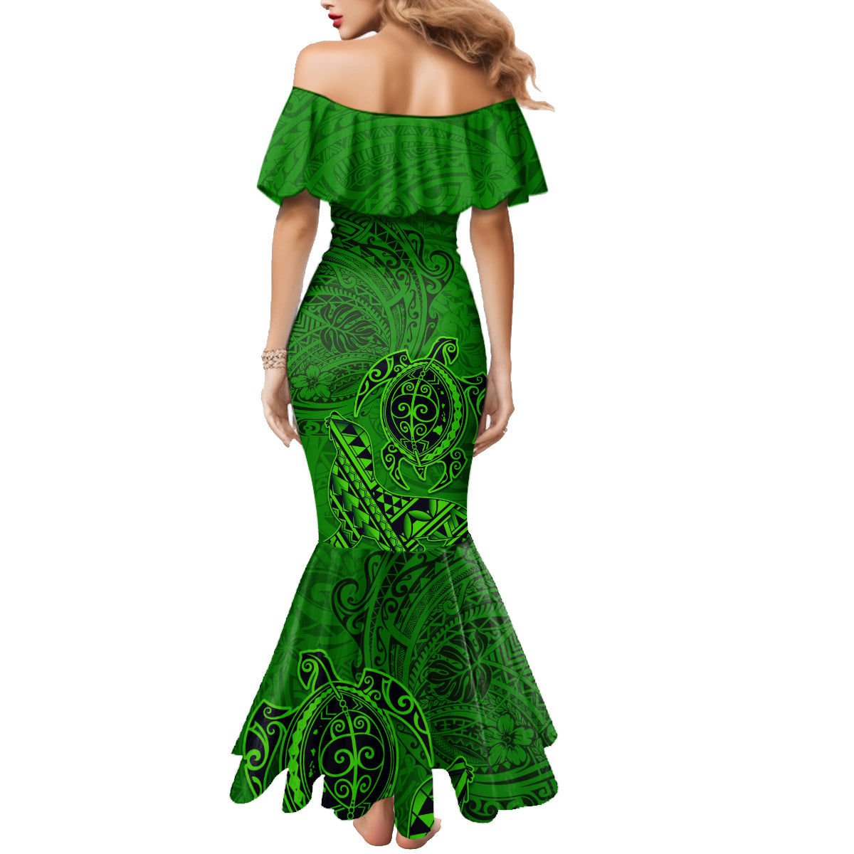 Hawaii Monk Seal and Dolphin Family Matching Mermaid Dress and Hawaiian Shirt Polynesian Kakau Pattern Green LT03 - Polynesian Pride