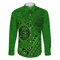 Hawaii Monk Seal and Dolphin Family Matching Off The Shoulder Long Sleeve Dress and Hawaiian Shirt Polynesian Kakau Pattern Green