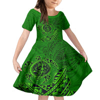Hawaii Monk Seal and Dolphin Family Matching Off Shoulder Maxi Dress and Hawaiian Shirt Polynesian Kakau Pattern Green LT03 Daughter's Dress Green - Polynesian Pride