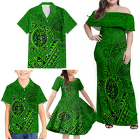 Hawaii Monk Seal and Dolphin Family Matching Off Shoulder Maxi Dress and Hawaiian Shirt Polynesian Kakau Pattern Green LT03 - Polynesian Pride