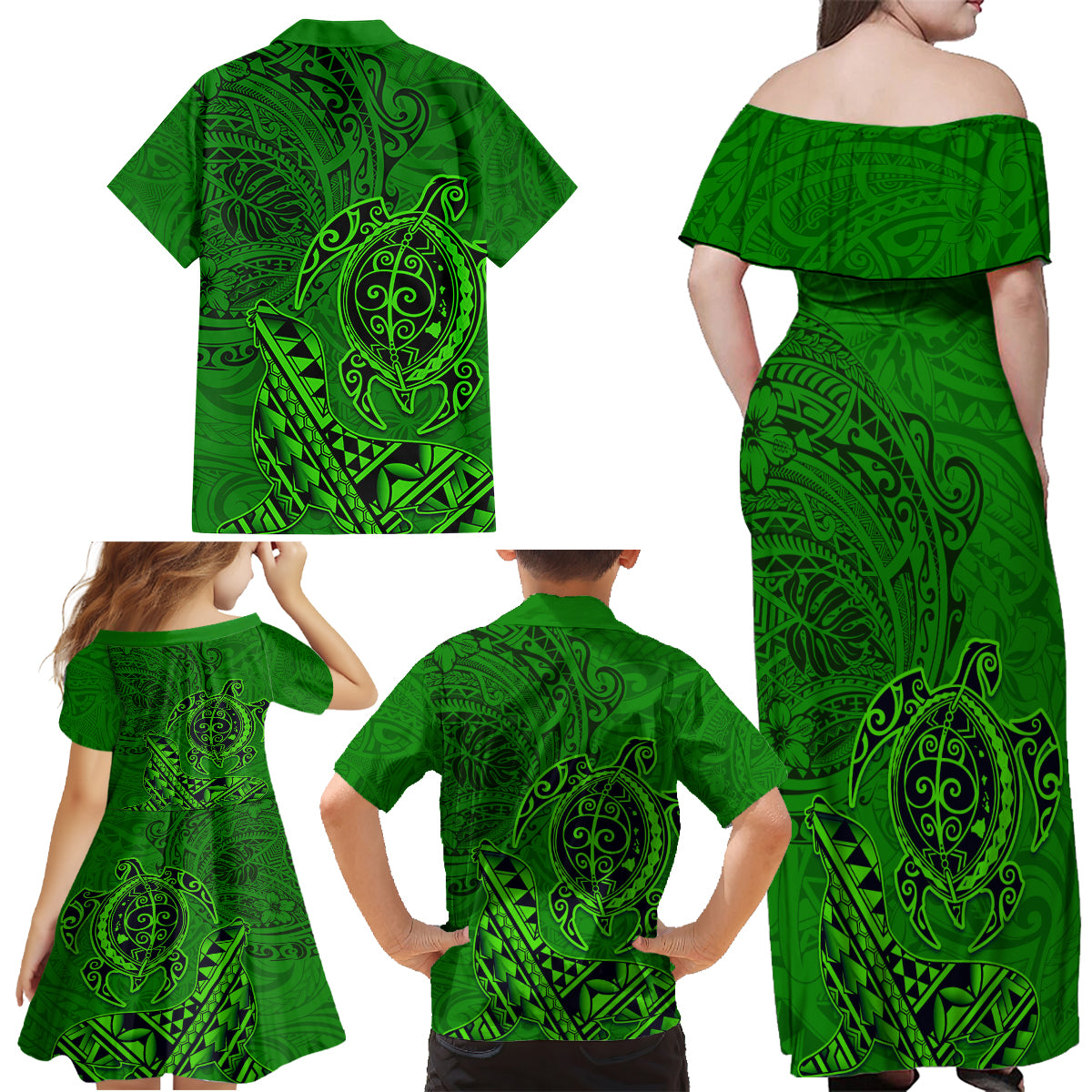 Hawaii Monk Seal and Dolphin Family Matching Off Shoulder Maxi Dress and Hawaiian Shirt Polynesian Kakau Pattern Green LT03 - Polynesian Pride